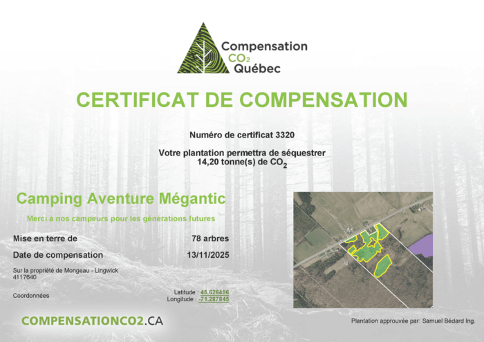 Certificat de compensation des Co2 - Camping Aventure Mégantic
